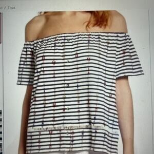 Lucky Brand White Navy Stripe Floral  Embroidered Knit Top Med